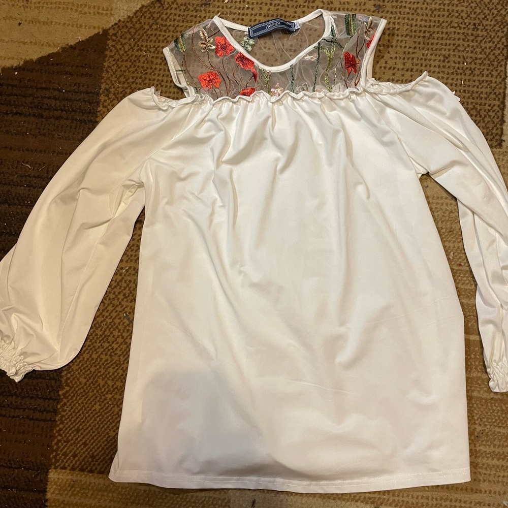 Highness White Cold Shoulder Blouse with Floral Embroidery mesh neckline
